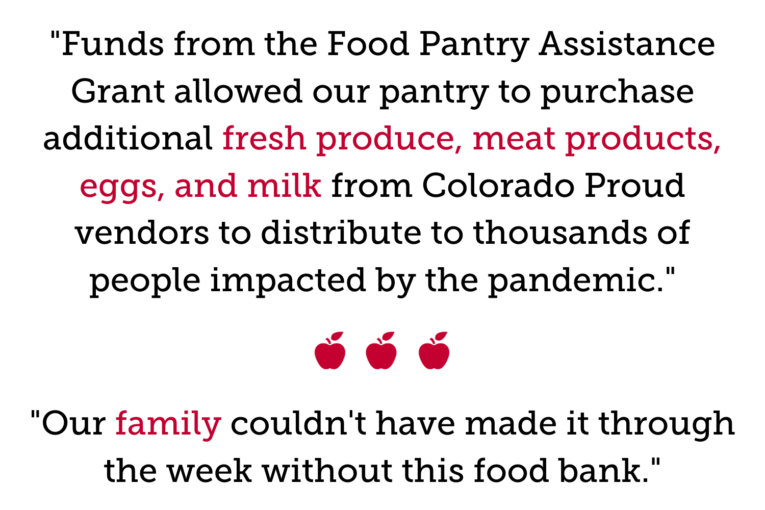 Quotation reading "Funds from the Food Pantry Assistance Grant allowed our pantry to purchase additional fresh produce, meat products, eggs, and milk from Colorado Proud vendors to distribute to thousands of people impacted by the pandemic."