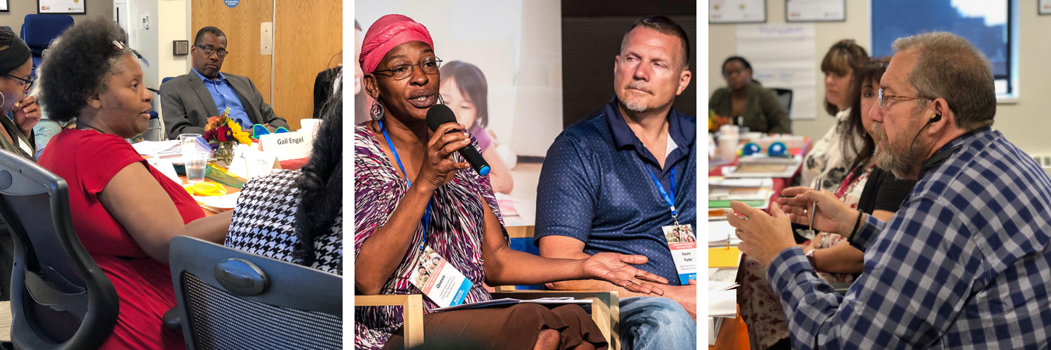 Three photos of Family Voice Council members speaking during meetings