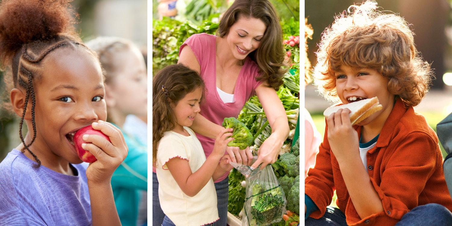 Three photos of young people eating or at a grocery store