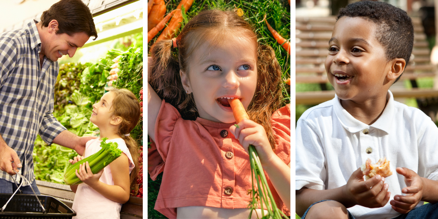 Three photos of children eating or at a grocery store