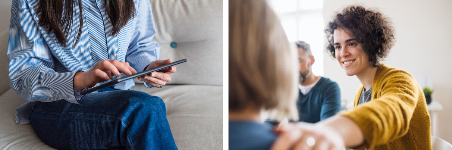 Two photos: 1. A woman using a tablet computer; 2. A woman comforting another woman by putting her hand on her shoulder.