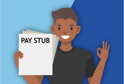 Man holding up his pay stub