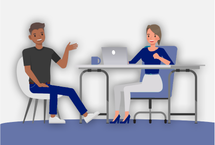 Two people having a discussion about the application over a computer