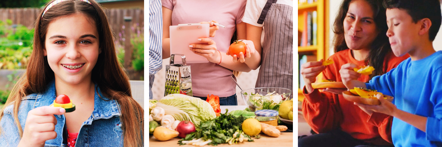 Three photos of young people eating or at a grocery store