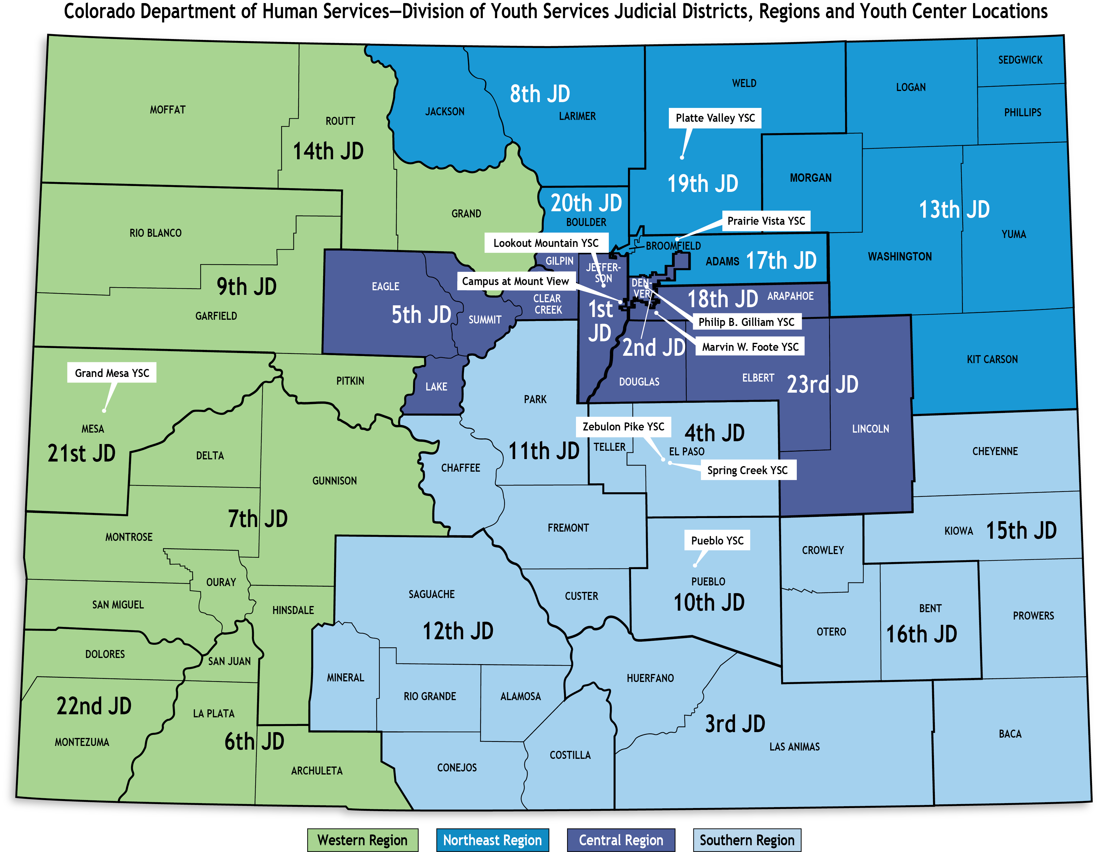 Map showing CDHS Division of Youth Services Judicial Districts, Regions, and Youth Center locations.