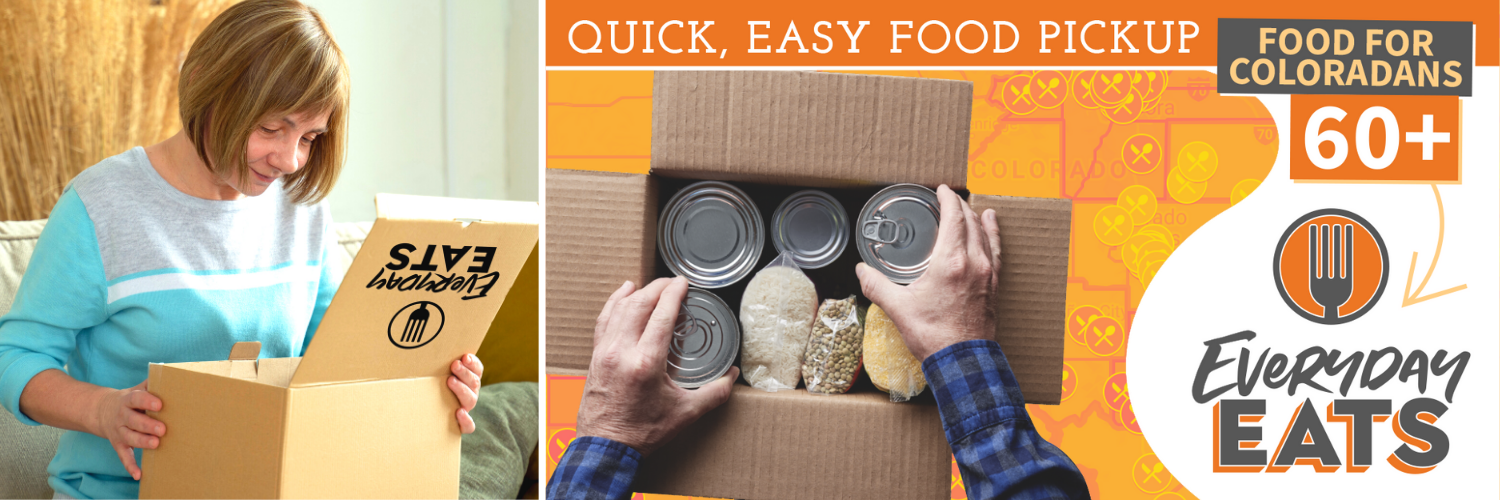 Two photos of people opening boxes of food