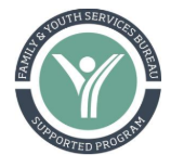 Logo for the Family Youth Services Bureau. Dark Blue outer circle with the words Family Youth Services Bureau Supported Program and inner circle. The inner circle contains the representative image of a person conveyed via a circle for a head, with a body shaped like the letter Y, representative of a person with their arms raised.