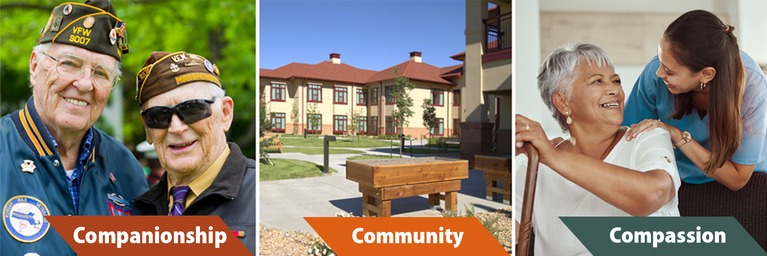 A picture of two smiling veterans representing Companionship. A picture of the exterior of the building representing Community. A picture of a smiling nurse and older woman representing Compassion.