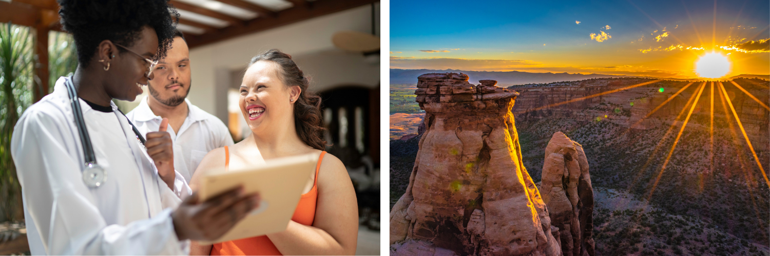 Photo of people on the left and Grand Junction sunrise on right