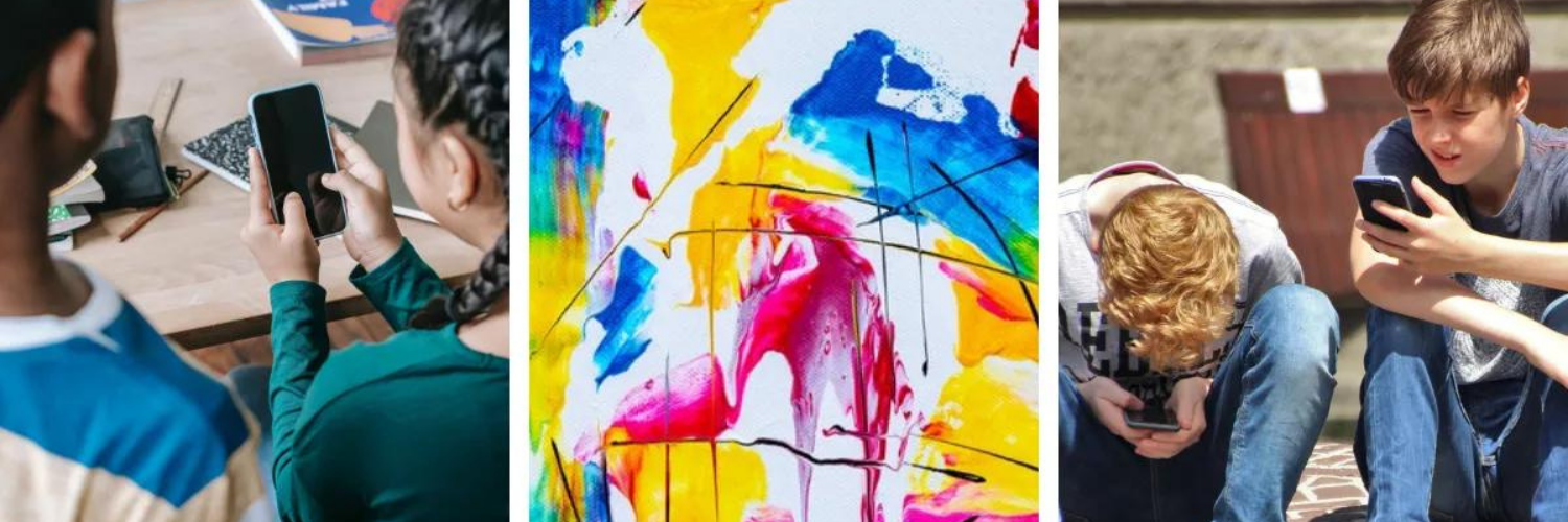 Three photos, left to right: Two youths looking at a phone; abstract art; two youths sitting, with one looking at a phone