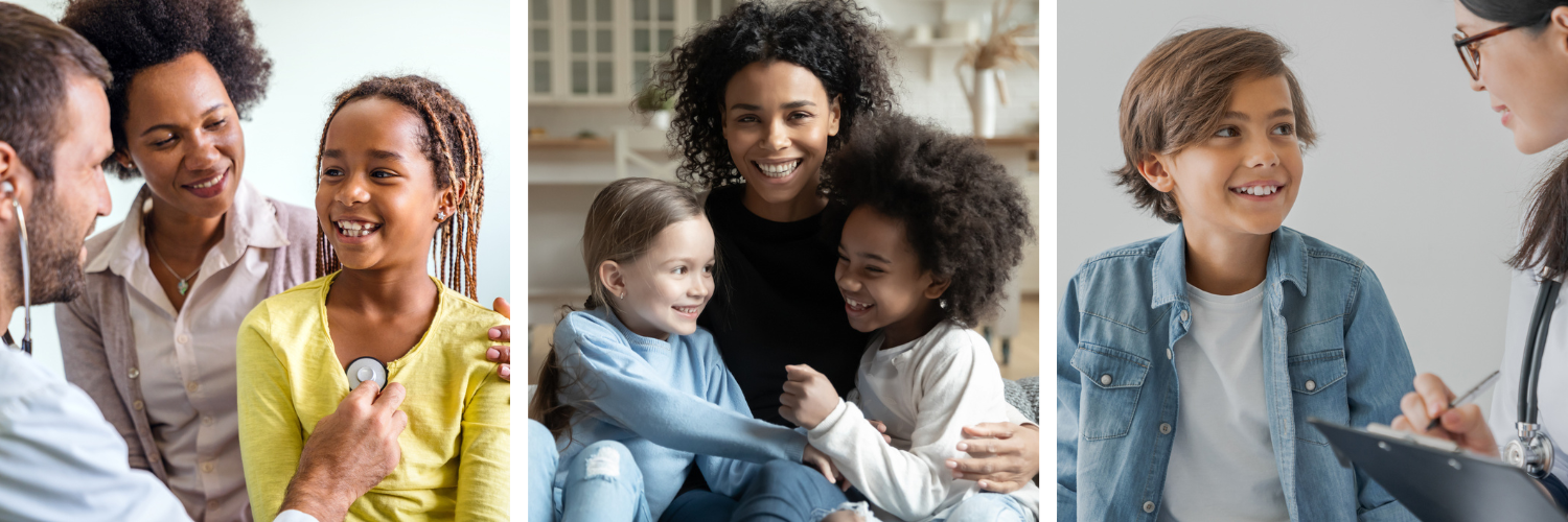 Three photos of parents and children in home and medical settings