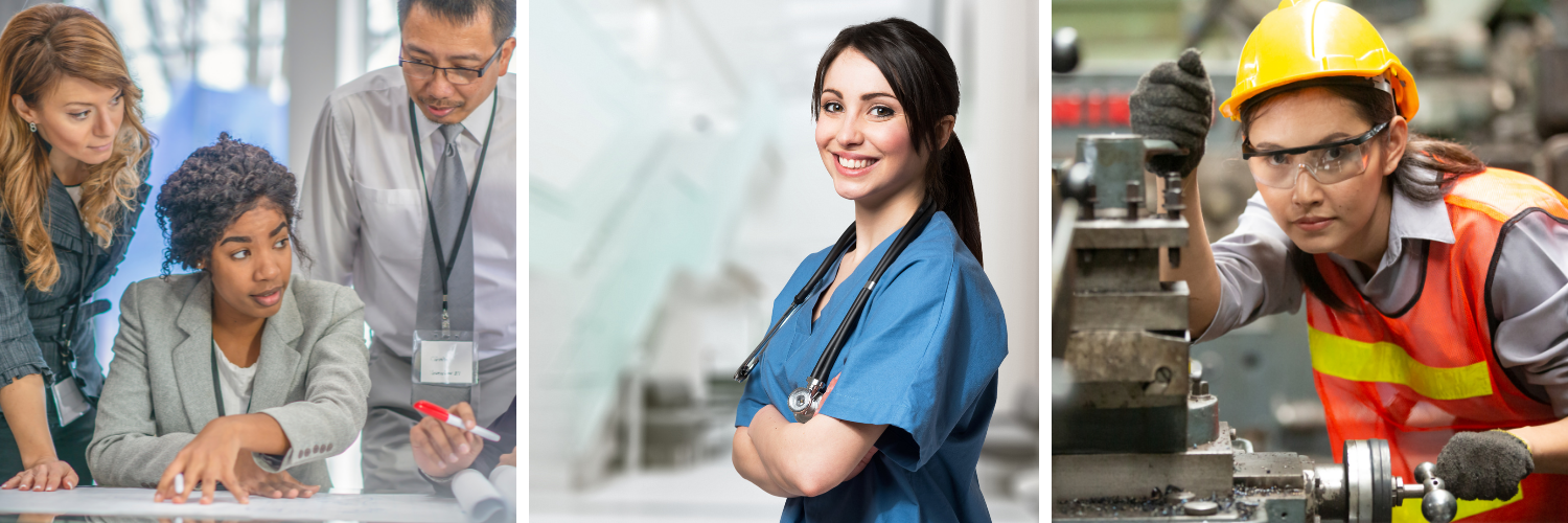 Three photos of people in various workplaces