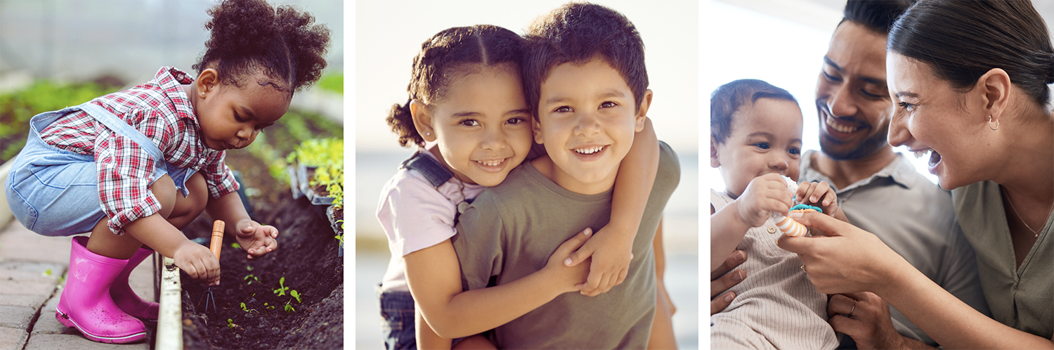 Three photos of children and parents