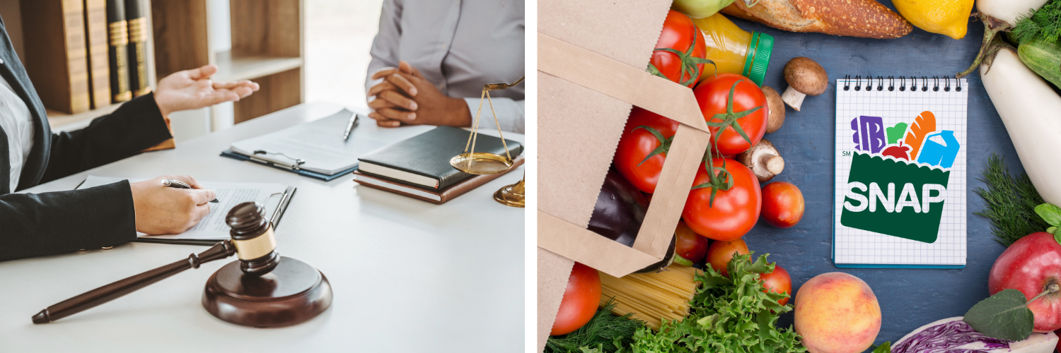 Two images: 1. A judge gesturing to a woman at a desk. 2. An illustration showing food and the logo of the SNAP program.