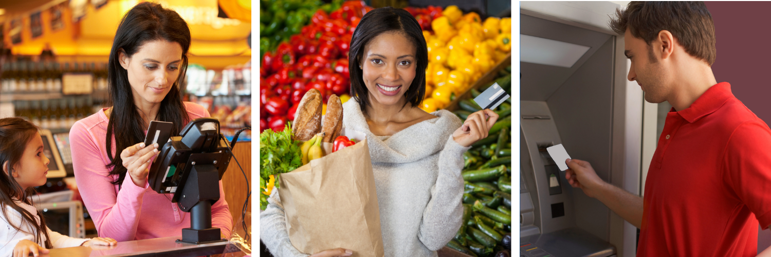 Three photos of people using EBT cards at the grocery store or ATM
