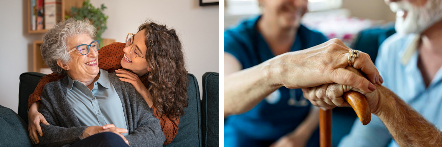 Two photos, left to right: Older woman and younger woman smiling at each other; nurse placing her hand on the hand of an older veteran who is holding a cane