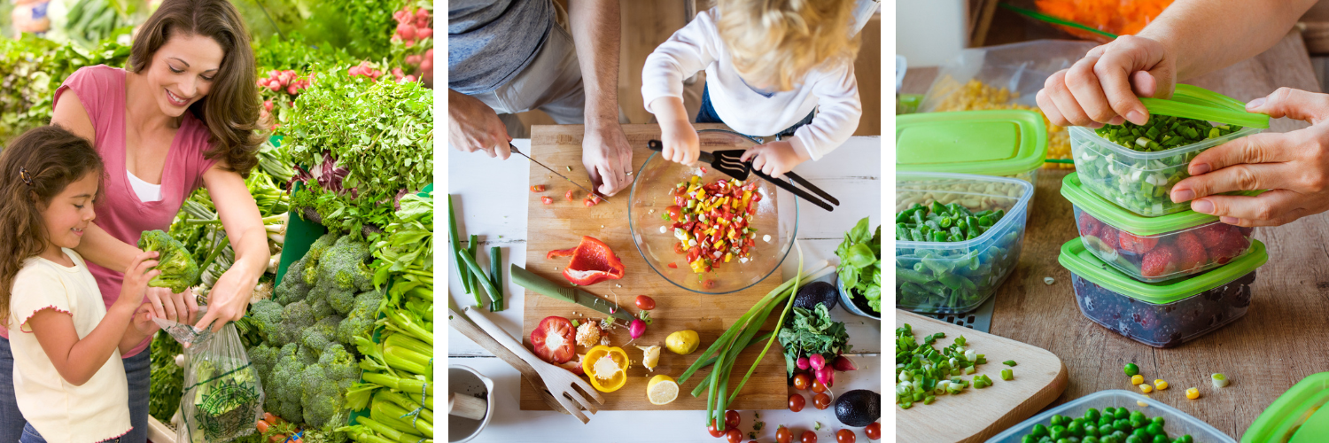 Three photographs of families shopping for and preparing food