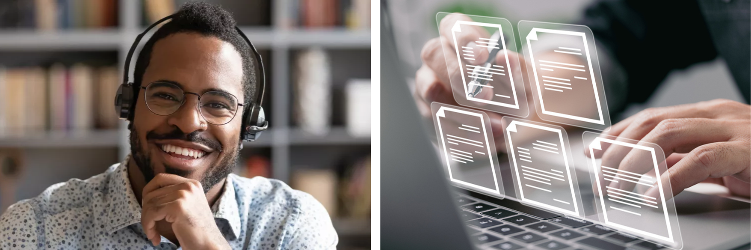 A smiling officer worker talking on a headset and an illustration of computer files on a laptop