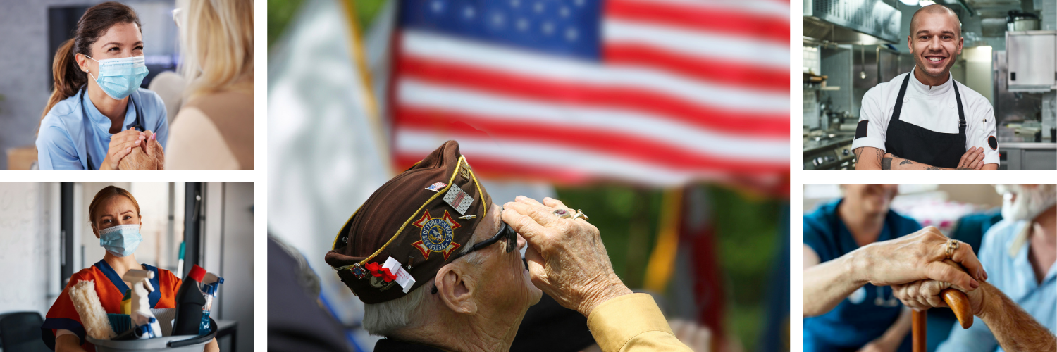 Page banner with photos of a military veteran and nursing home workers