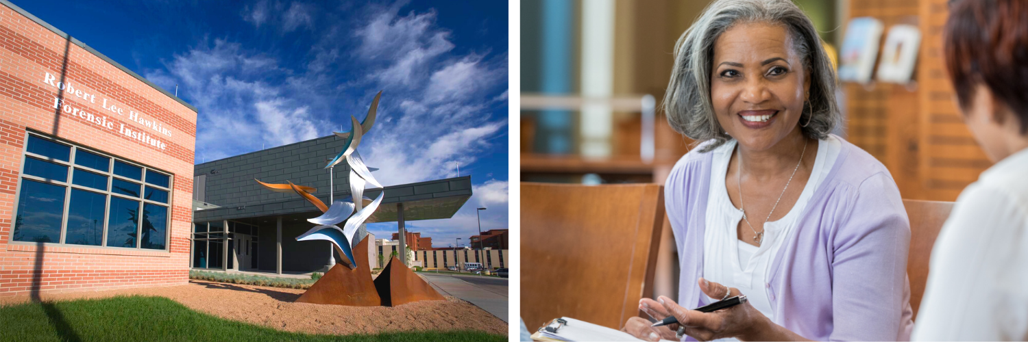 Two photos, left to right: Building on CMHIP campus; psychologist talking to patient